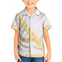 Tonga White Sunday Kid Hawaiian Shirt Fakame Tongan Ngatu Pattern Gold Strips LT14 Kid White - Polynesian Pride
