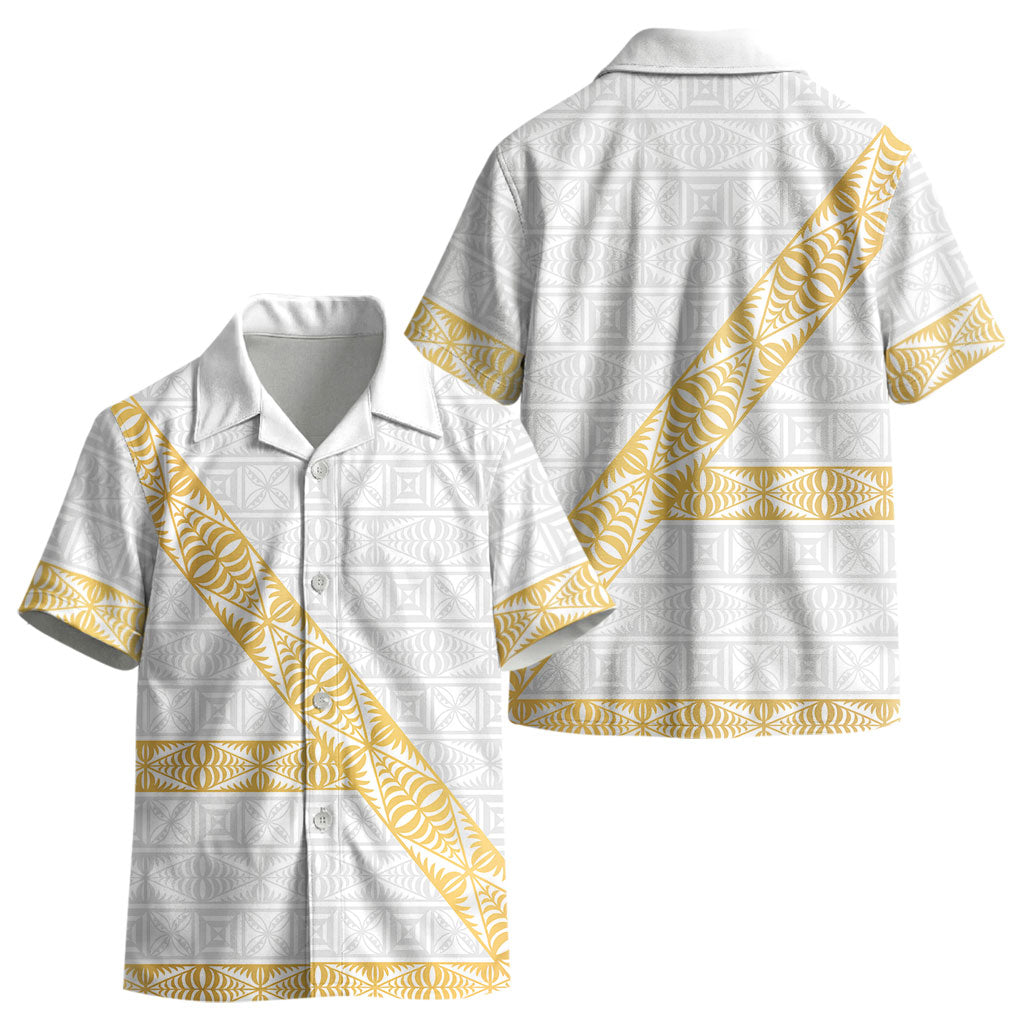 Tonga White Sunday Kid Hawaiian Shirt Fakame Tongan Ngatu Pattern Gold Strips LT14 - Polynesian Pride