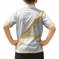 Tonga White Sunday Kid Hawaiian Shirt Fakame Tongan Ngatu Pattern Gold Strips LT14 - Polynesian Pride