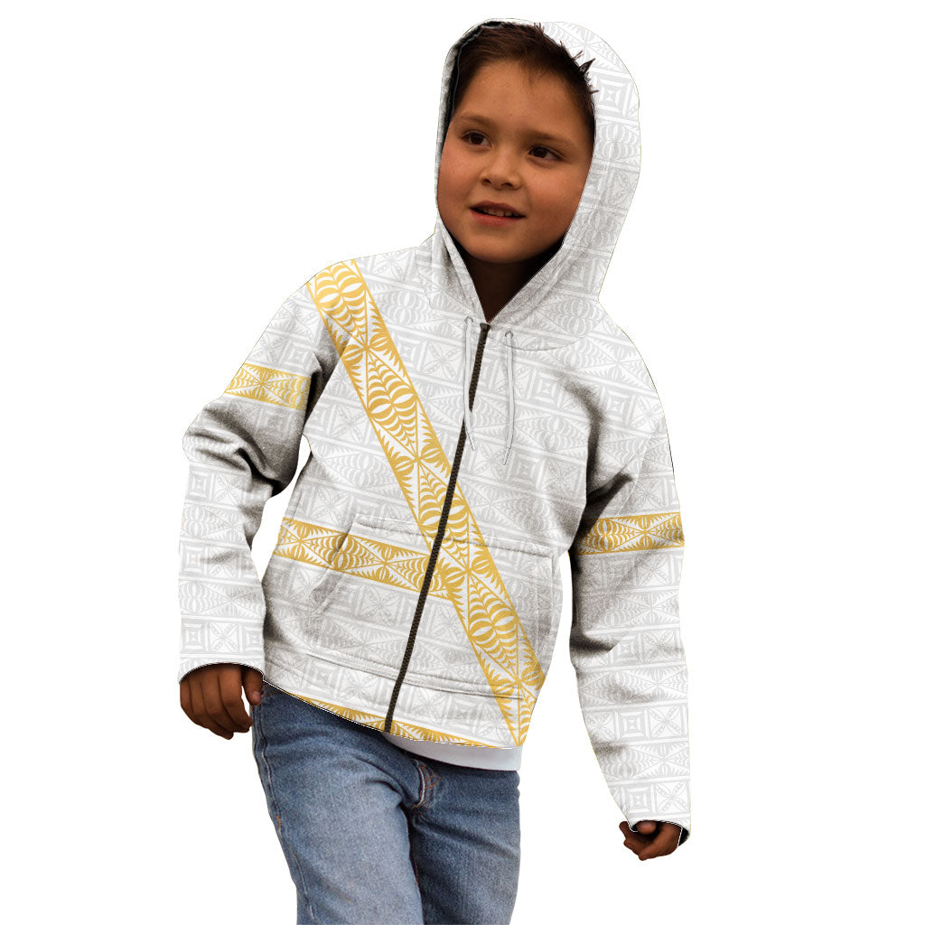 Tonga White Sunday Kid Hoodie Fakame Tongan Ngatu Pattern Gold Strips LT14 - Polynesian Pride