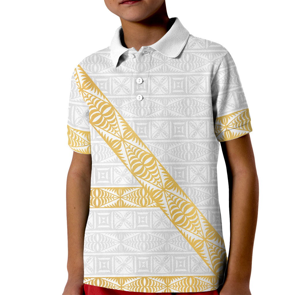 Tonga White Sunday Kid Polo Shirt Fakame Tongan Ngatu Pattern Gold Strips LT14 Kid White - Polynesian Pride