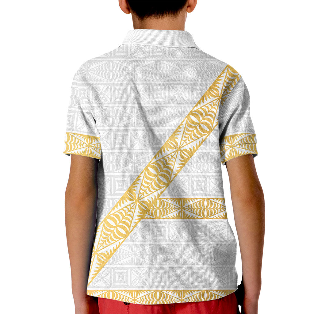 Tonga White Sunday Kid Polo Shirt Fakame Tongan Ngatu Pattern Gold Strips LT14 - Polynesian Pride