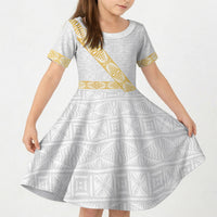 Tonga White Sunday Kid Short Sleeve Dress Fakame Tongan Ngatu Pattern Gold Strips LT14 KID White - Polynesian Pride
