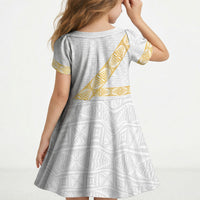 Tonga White Sunday Kid Short Sleeve Dress Fakame Tongan Ngatu Pattern Gold Strips LT14 - Polynesian Pride