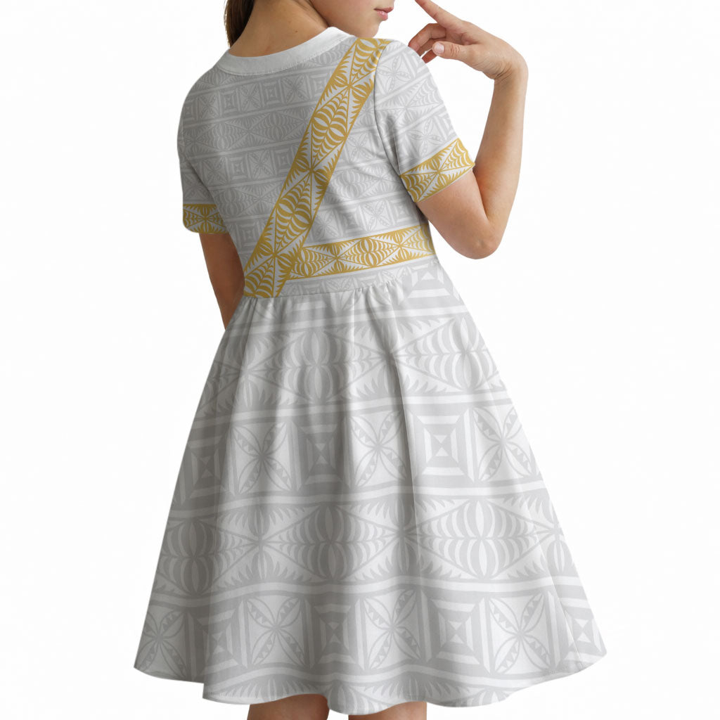 Tonga White Sunday Kid Short Sleeve Dress Fakame Tongan Ngatu Pattern Gold Strips LT14 - Polynesian Pride