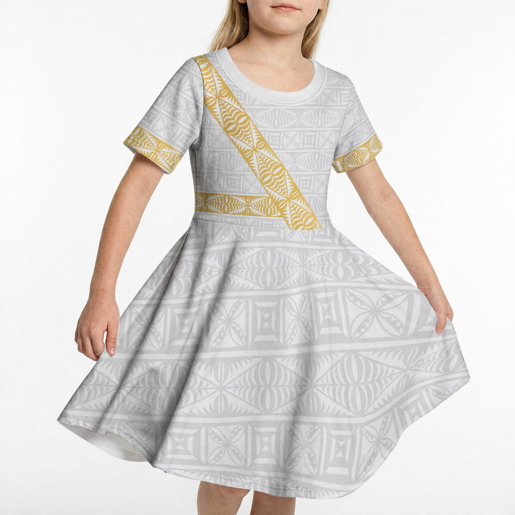 Tonga White Sunday Kid Short Sleeve Dress Fakame Tongan Ngatu Pattern Gold Strips LT14 - Polynesian Pride