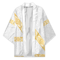 Tonga White Sunday Kimono Fakame Tongan Ngatu Pattern Gold Strips LT14 Unisex White - Polynesian Pride