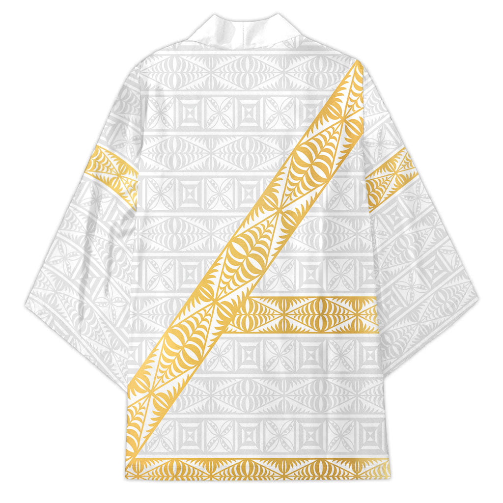 Tonga White Sunday Kimono Fakame Tongan Ngatu Pattern Gold Strips LT14 - Polynesian Pride