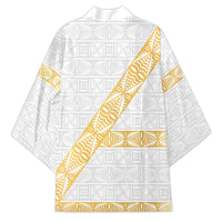 Tonga White Sunday Kimono Fakame Tongan Ngatu Pattern Gold Strips LT14 - Polynesian Pride