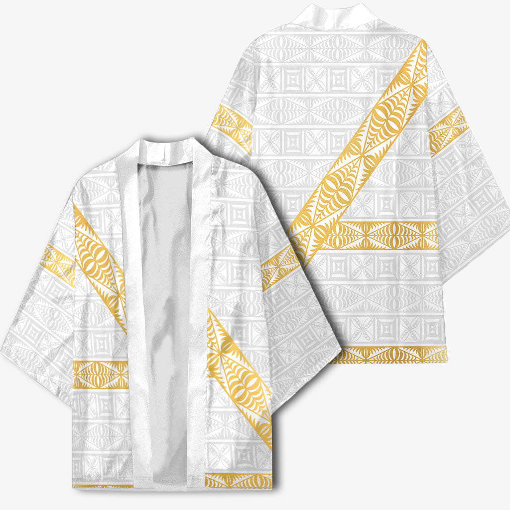 Tonga White Sunday Kimono Fakame Tongan Ngatu Pattern Gold Strips LT14 - Polynesian Pride