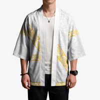 Tonga White Sunday Kimono Fakame Tongan Ngatu Pattern Gold Strips LT14 - Polynesian Pride