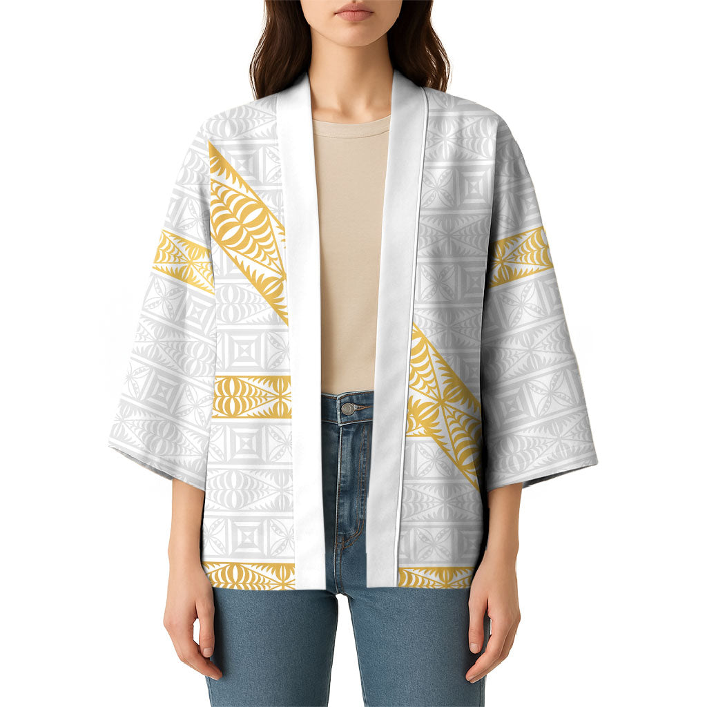 Tonga White Sunday Kimono Fakame Tongan Ngatu Pattern Gold Strips LT14 - Polynesian Pride