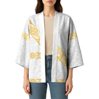 Tonga White Sunday Kimono Fakame Tongan Ngatu Pattern Gold Strips LT14 - Polynesian Pride
