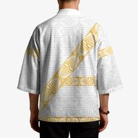 Tonga White Sunday Kimono Fakame Tongan Ngatu Pattern Gold Strips LT14 - Polynesian Pride