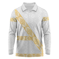 Tonga White Sunday Long Sleeve Polo Shirt Fakame Tongan Ngatu Pattern Gold Strips LT14 White - Polynesian Pride
