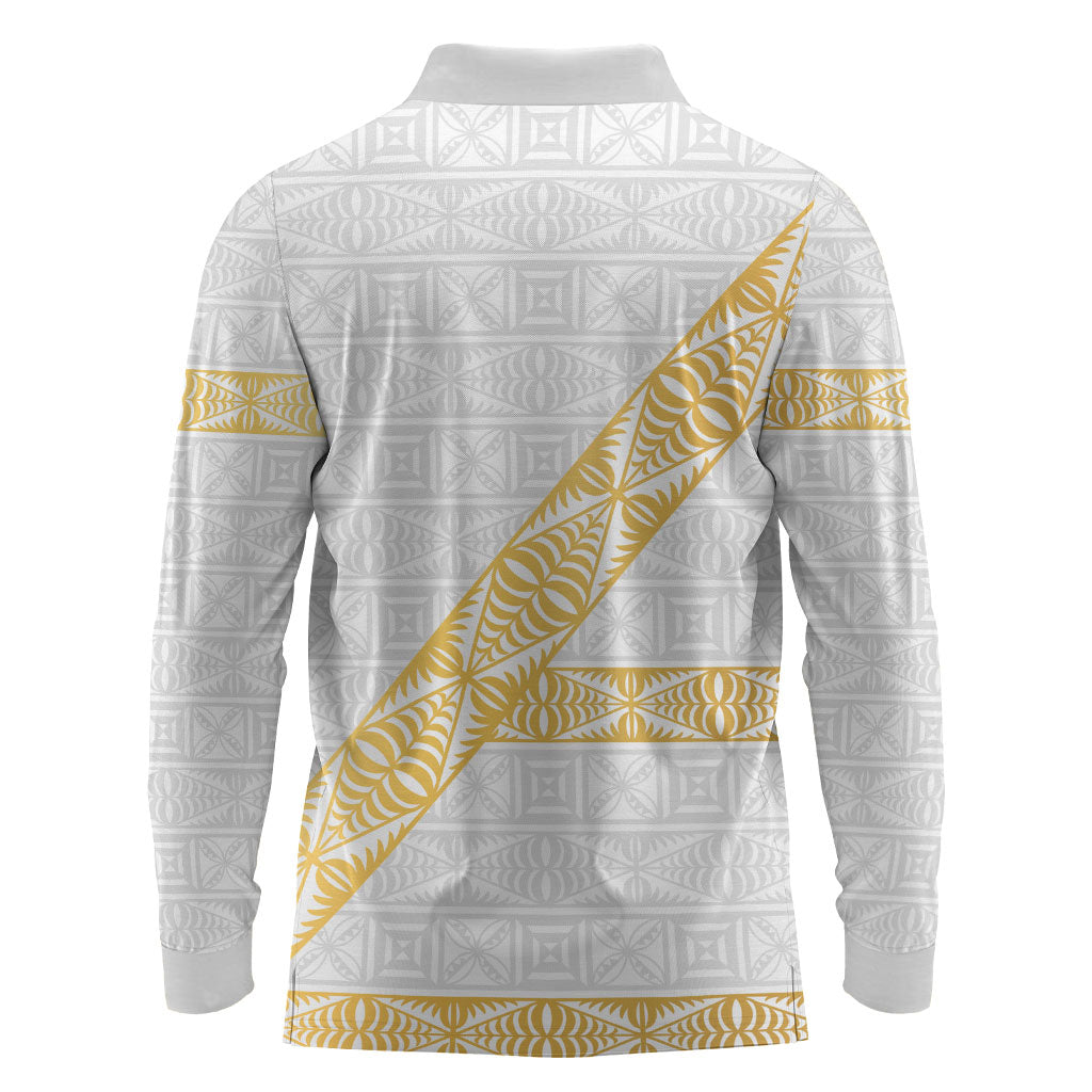 Tonga White Sunday Long Sleeve Polo Shirt Fakame Tongan Ngatu Pattern Gold Strips LT14 - Polynesian Pride