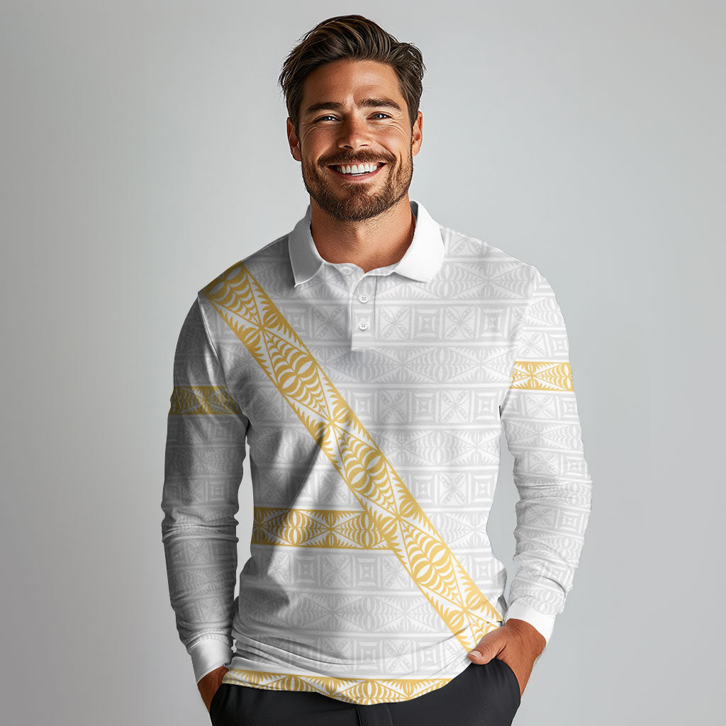 Tonga White Sunday Long Sleeve Polo Shirt Fakame Tongan Ngatu Pattern Gold Strips LT14 - Polynesian Pride