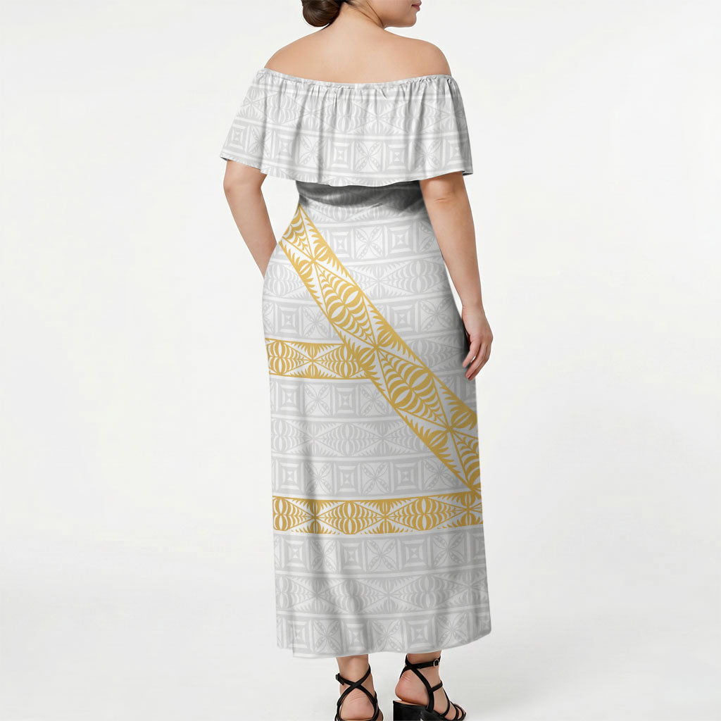 Tonga White Sunday Off Shoulder Maxi Dress Fakame Tongan Ngatu Pattern Gold Strips LT14 - Polynesian Pride