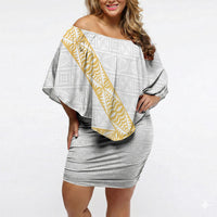 Tonga White Sunday Off Shoulder Short Dress Fakame Tongan Ngatu Pattern Gold Strips LT14 Women White - Polynesian Pride