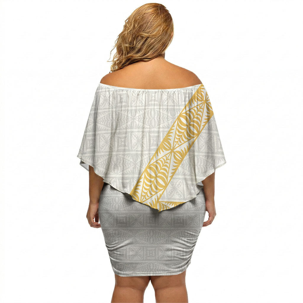 Tonga White Sunday Off Shoulder Short Dress Fakame Tongan Ngatu Pattern Gold Strips LT14 - Polynesian Pride