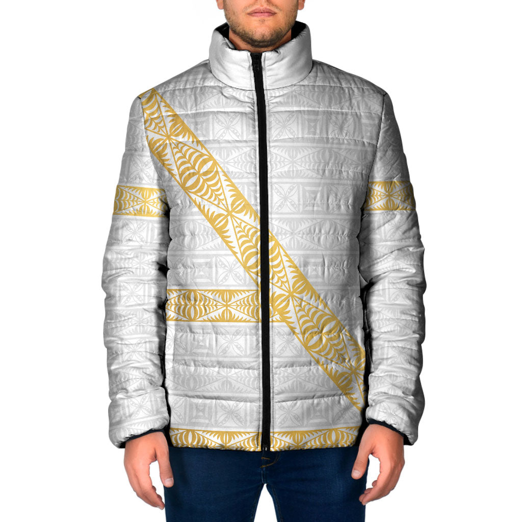 Tonga White Sunday Padded Jacket Fakame Tongan Ngatu Pattern Gold Strips LT14 Men White - Polynesian Pride