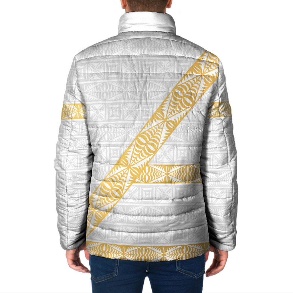Tonga White Sunday Padded Jacket Fakame Tongan Ngatu Pattern Gold Strips LT14 - Polynesian Pride