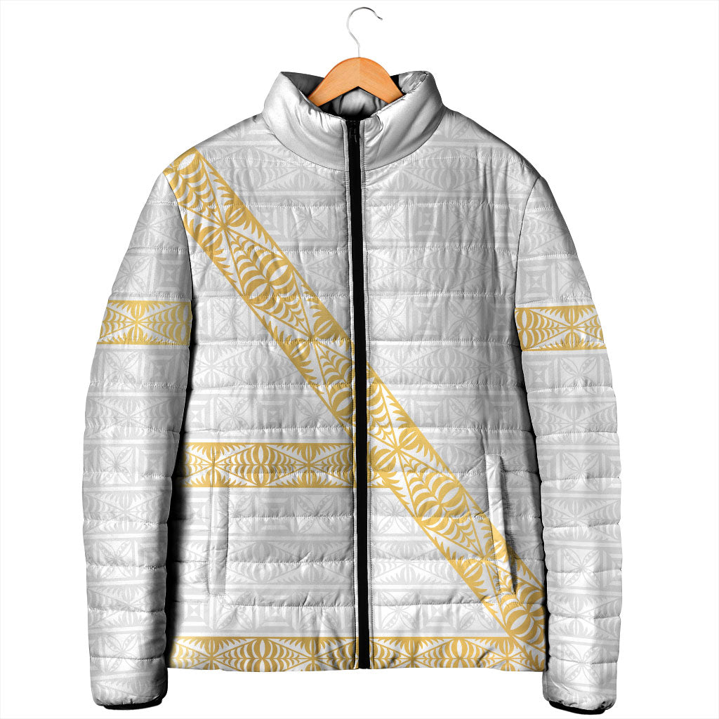 Tonga White Sunday Padded Jacket Fakame Tongan Ngatu Pattern Gold Strips LT14 - Polynesian Pride