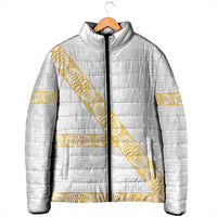 Tonga White Sunday Padded Jacket Fakame Tongan Ngatu Pattern Gold Strips LT14 - Polynesian Pride