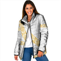 Tonga White Sunday Padded Jacket Fakame Tongan Ngatu Pattern Gold Strips LT14 Women White - Polynesian Pride