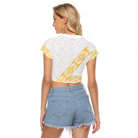 Tonga White Sunday Raglan Cropped T Shirt Fakame Tongan Ngatu Pattern Gold Strips LT14 - Polynesian Pride