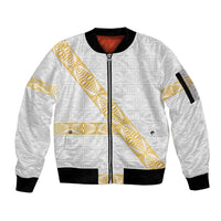 Tonga White Sunday Sleeve Zip Bomber Jacket Fakame Tongan Ngatu Pattern Gold Strips LT14 Unisex White - Polynesian Pride