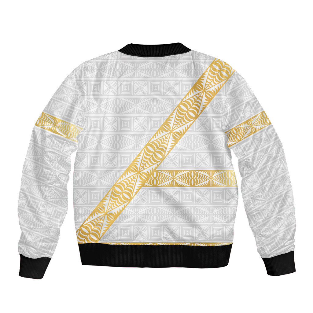 Tonga White Sunday Sleeve Zip Bomber Jacket Fakame Tongan Ngatu Pattern Gold Strips LT14 - Polynesian Pride