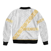 Tonga White Sunday Sleeve Zip Bomber Jacket Fakame Tongan Ngatu Pattern Gold Strips LT14 - Polynesian Pride