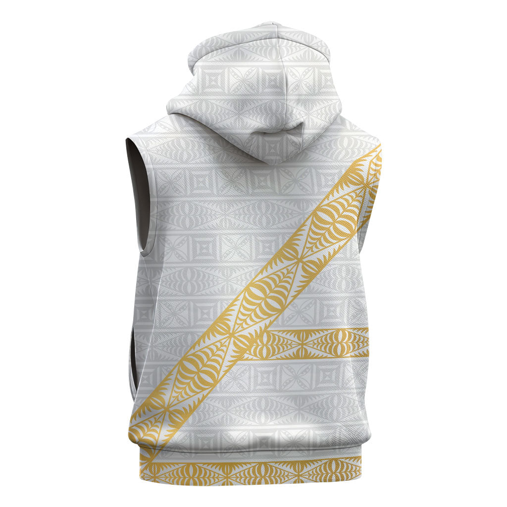 Tonga White Sunday Sleeveless Hoodie Fakame Tongan Ngatu Pattern Gold Strips LT14 - Polynesian Pride