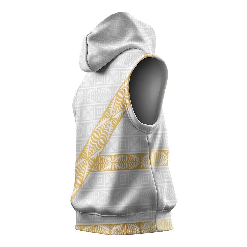 Tonga White Sunday Sleeveless Hoodie Fakame Tongan Ngatu Pattern Gold Strips LT14 - Polynesian Pride