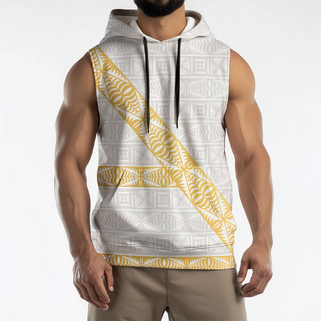 Tonga White Sunday Sleeveless Hoodie Fakame Tongan Ngatu Pattern Gold Strips LT14 - Polynesian Pride
