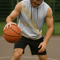 Tonga White Sunday Sleeveless Hoodie Fakame Tongan Ngatu Pattern Gold Strips LT14 - Polynesian Pride