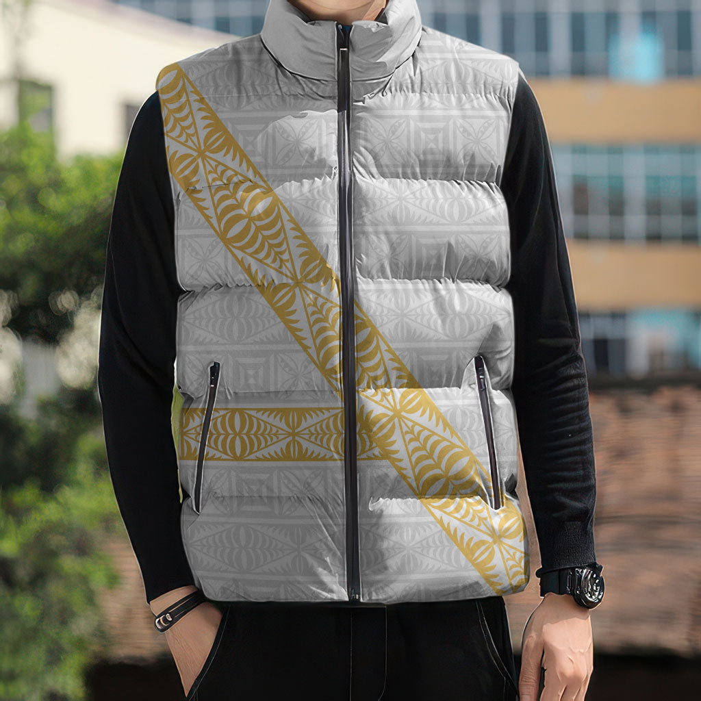 Tonga White Sunday Sleeveless Puffer Jacket Fakame Tongan Ngatu Pattern Gold Strips LT14 - Polynesian Pride