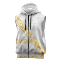Tonga White Sunday Sleeveless Zip Hoodie Fakame Tongan Ngatu Pattern Gold Strips LT14 White - Polynesian Pride
