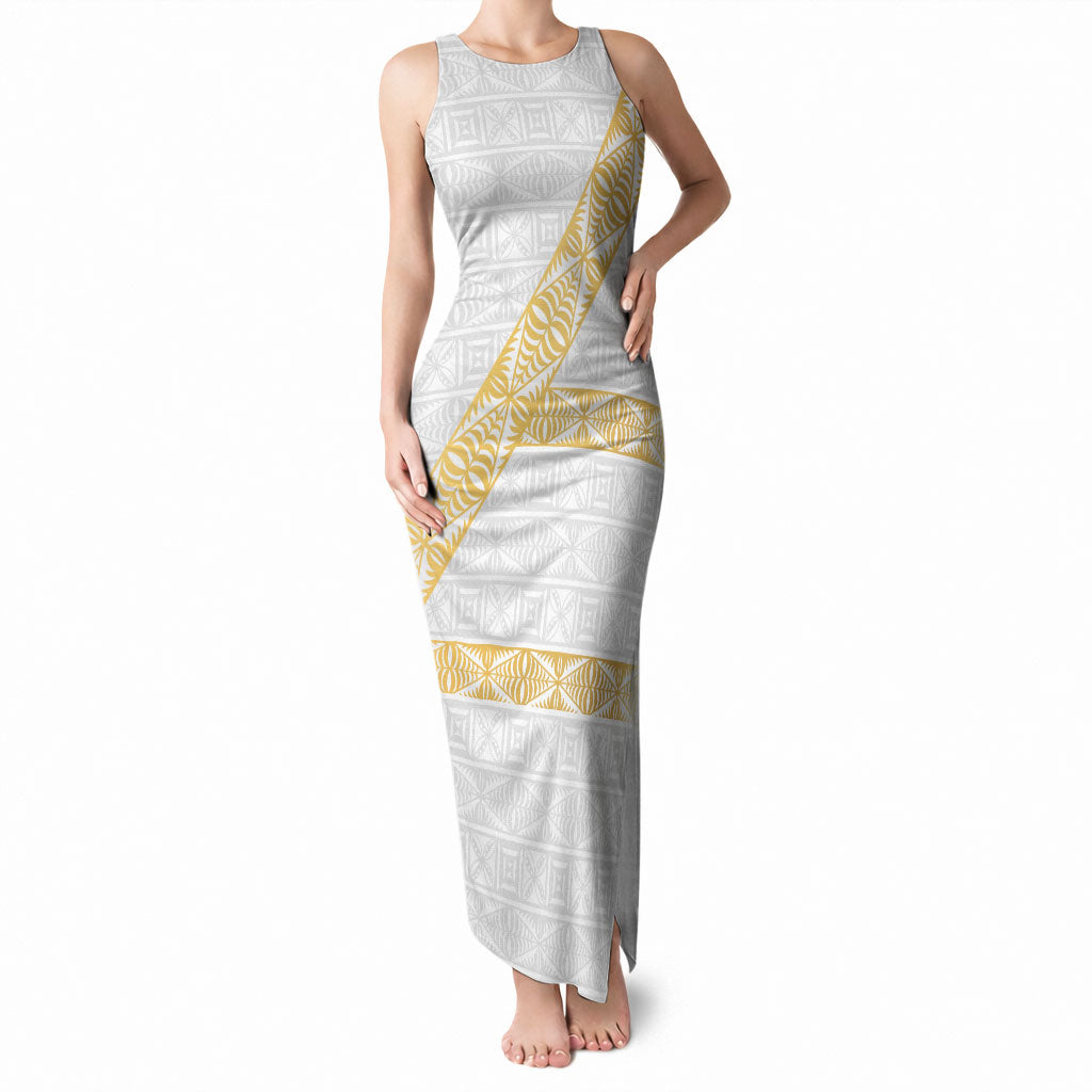 Tonga White Sunday Tank Maxi Dress Fakame Tongan Ngatu Pattern Gold Strips LT14 Women White - Polynesian Pride