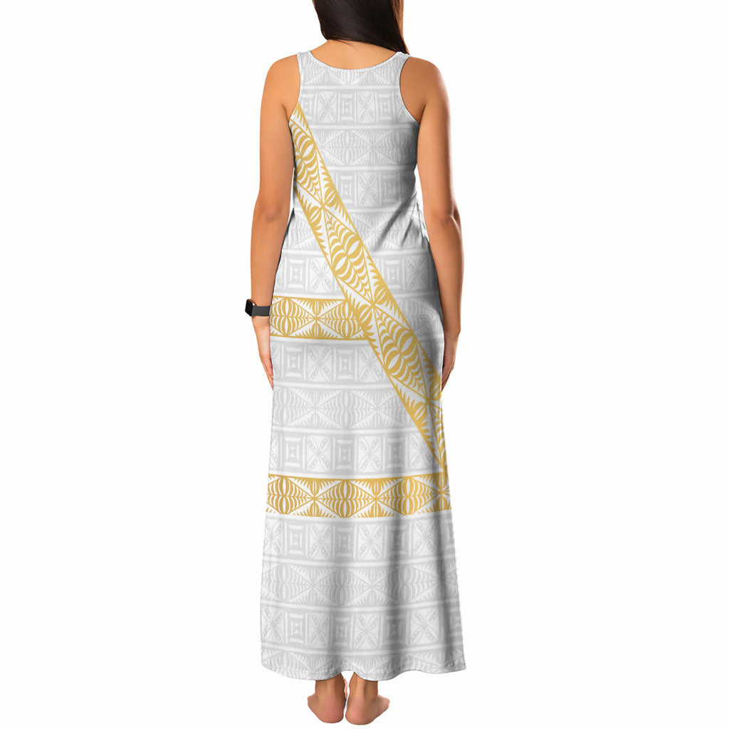 Tonga White Sunday Tank Maxi Dress Fakame Tongan Ngatu Pattern Gold Strips LT14 - Polynesian Pride