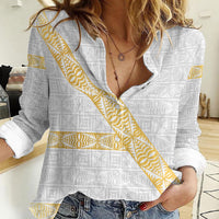 Tonga White Sunday Women Casual Shirt Fakame Tongan Ngatu Pattern Gold Strips LT14 Female White - Polynesian Pride
