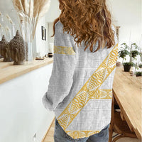 Tonga White Sunday Women Casual Shirt Fakame Tongan Ngatu Pattern Gold Strips LT14 - Polynesian Pride