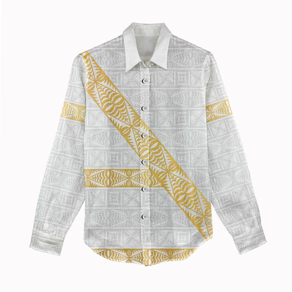 Tonga White Sunday Women Casual Shirt Fakame Tongan Ngatu Pattern Gold Strips LT14 - Polynesian Pride