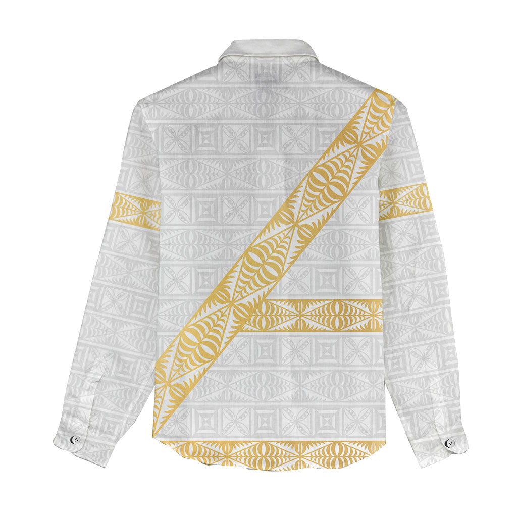 Tonga White Sunday Women Casual Shirt Fakame Tongan Ngatu Pattern Gold Strips LT14 - Polynesian Pride