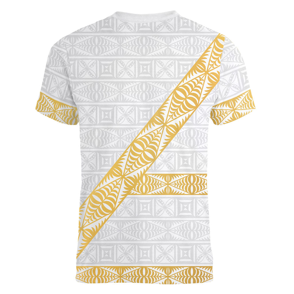 Tonga White Sunday Women V-Neck T-Shirt Fakame Tongan Ngatu Pattern Gold Strips LT14 - Polynesian Pride