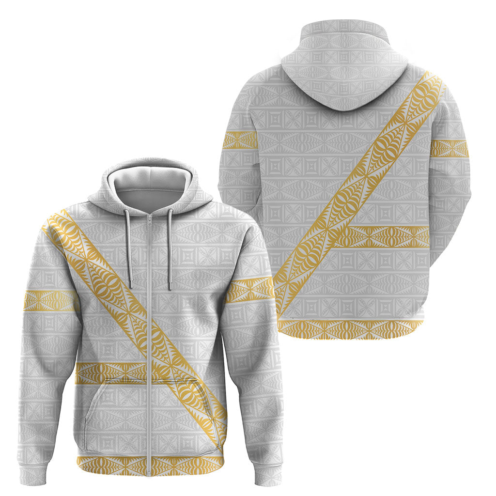 Tonga White Sunday Zip Hoodie Fakame Tongan Ngatu Pattern Gold Strips LT14 - Polynesian Pride