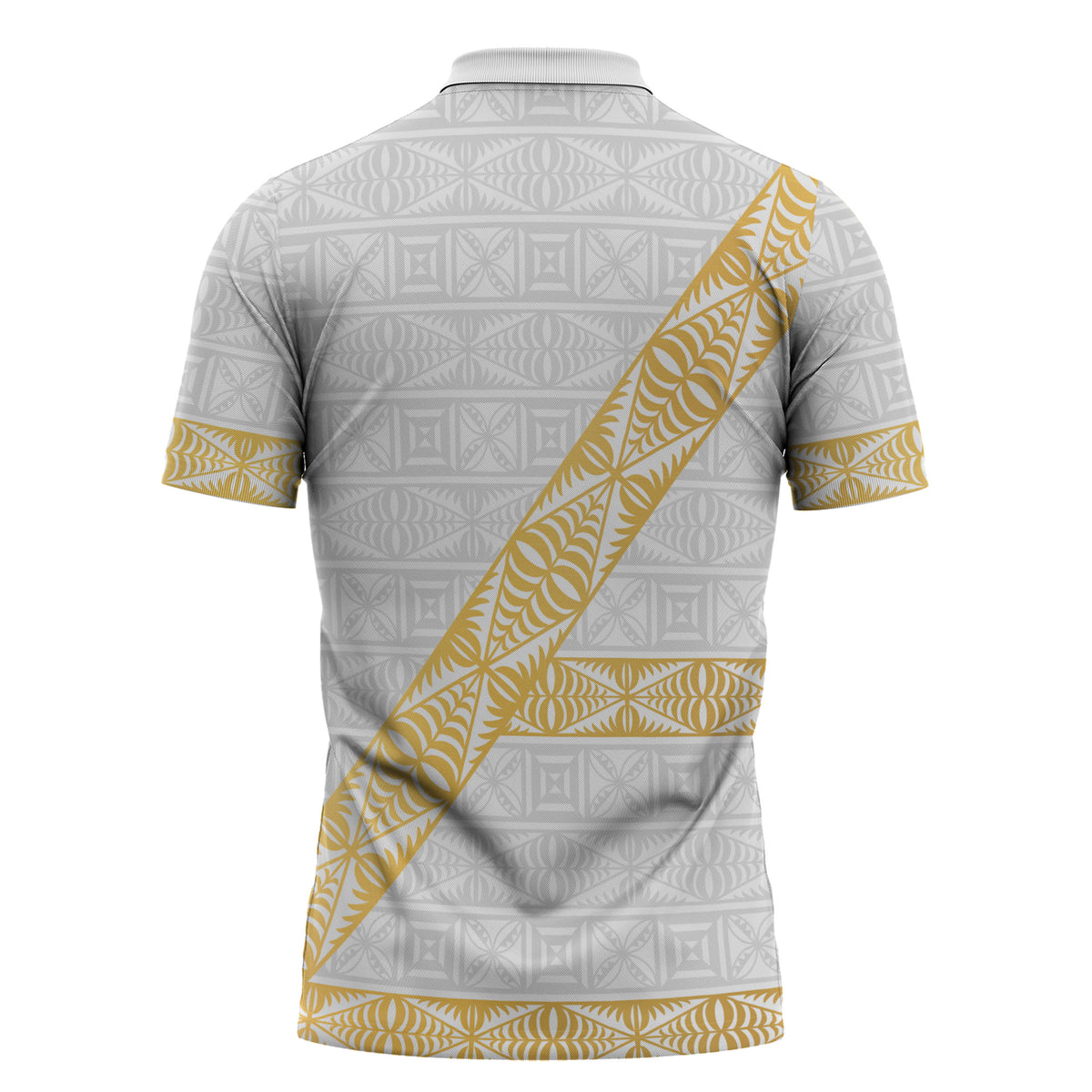 Tonga White Sunday Zipper Polo Shirt Fakame Tongan Ngatu Pattern Gold Strips LT14 - Polynesian Pride