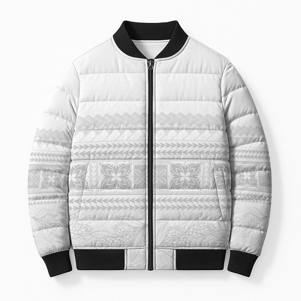 Samoa White Sunday Bomber Puffer Jacket Lotu Tamaiti Samoan Siapo Teuila Flowers LT14 Unisex White - Polynesian Pride