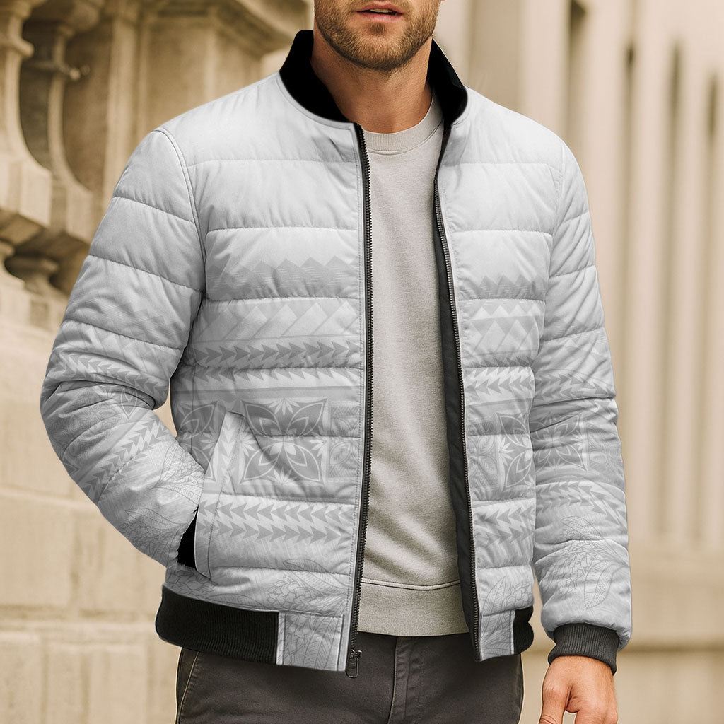 Samoa White Sunday Bomber Puffer Jacket Lotu Tamaiti Samoan Siapo Teuila Flowers LT14 - Polynesian Pride